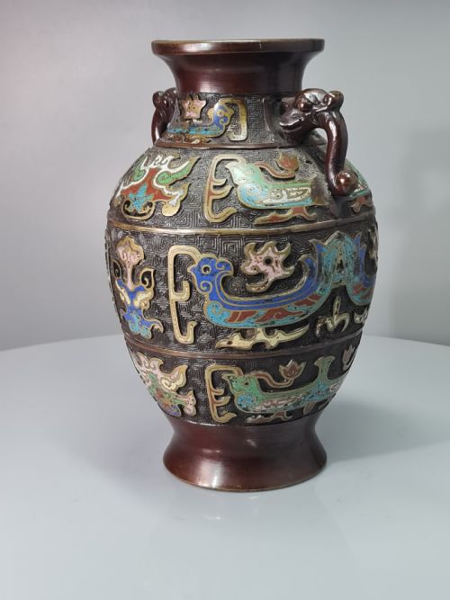 Fabulous Large Late 19thc Twin Handled Bronze Cloisonne Vase