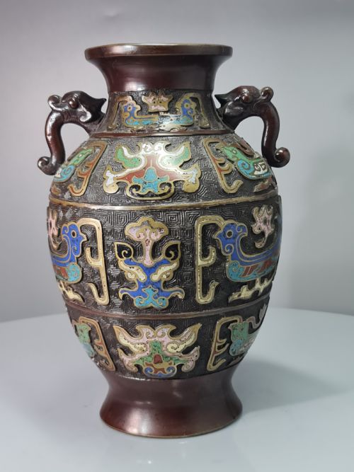 fig 1. Fabulous Large Late 19thc Twin Handled Bronze Cloisonne Vase