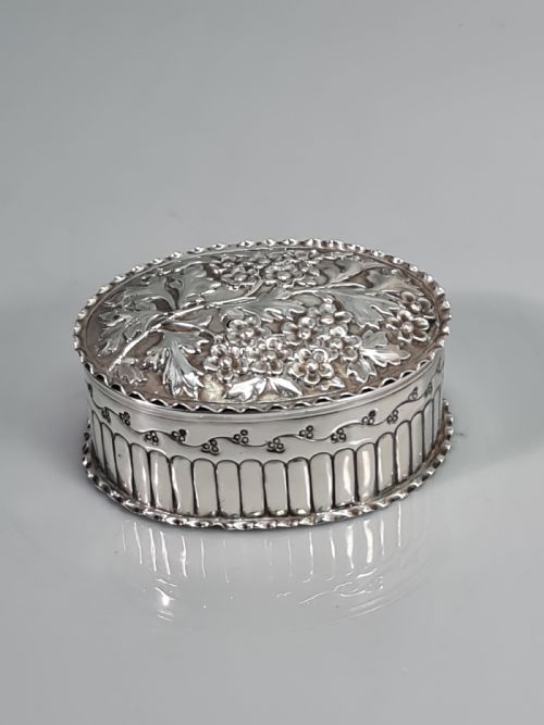 Fine Victorian Hm Silver Embossed Oval Box & Cover Birm 1887