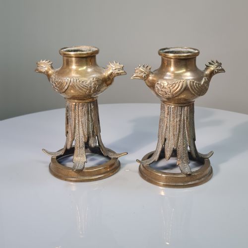unusual early 19thc bronze candlesticks with bird head terminals - CATEGORY: ANTIQUE LIGHTING - DATED 19TH CENTURY
