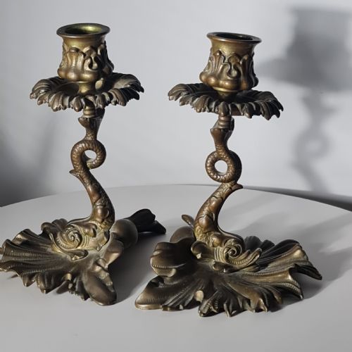 Rare Pair William Tonks Late 19thc Mythical Sea Creature Candlesticks