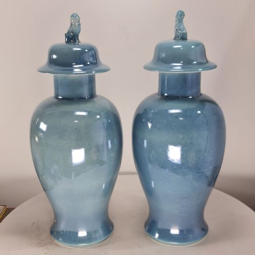 Rare Large Antique Pair of Light Blue Lustre Carlton Ware Oriental Style Temple Jars and Covers C1900