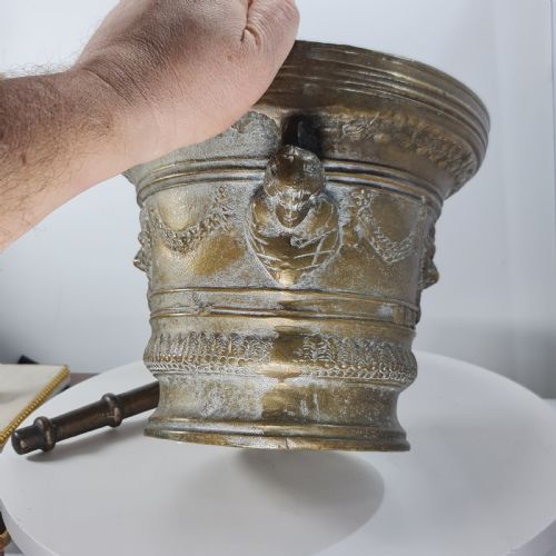 HUGE ANTIQUE BRONZE MORTAR PESTLE 25CM DIAMETER - ADDITIONAL PHOTO 13