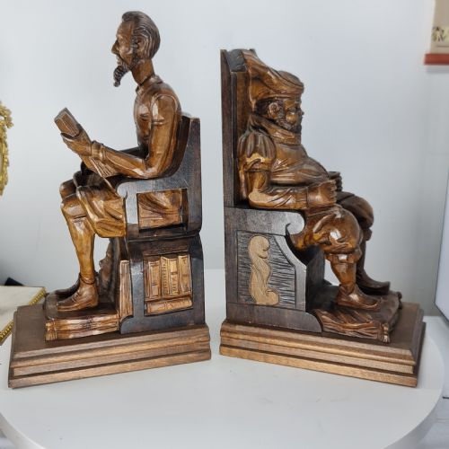 fabulous large antique carved wooden bookends shakespeare falstaff bardolph c1920 - CATEGORY: ANTIQUE MISCELLANEOUS - DATED 1920