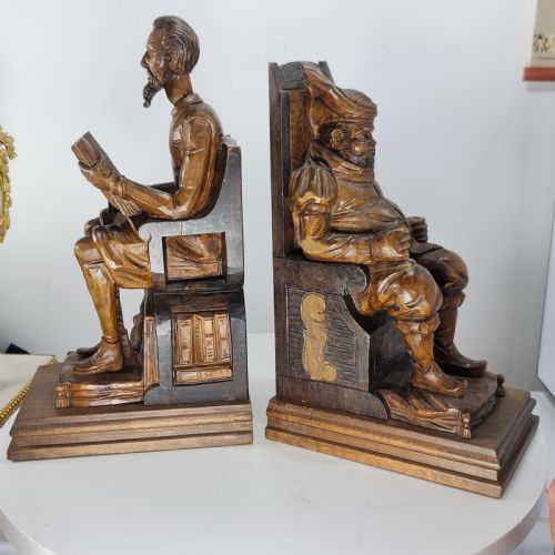 FABULOUS LARGE ANTIQUE CARVED WOODEN BOOKENDS SHAKESPEARE FALSTAFF BARDOLPH C1920 - ADDITIONAL PHOTO 2