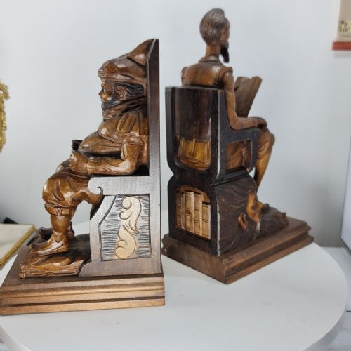 FABULOUS LARGE ANTIQUE CARVED WOODEN BOOKENDS SHAKESPEARE FALSTAFF BARDOLPH C1920 - ADDITIONAL PHOTO 5