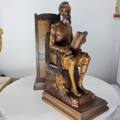 FABULOUS LARGE ANTIQUE CARVED WOODEN BOOKENDS SHAKESPEARE FALSTAFF BARDOLPH C1920 - ADDITIONAL PHOTO 8