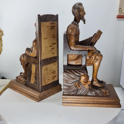 FABULOUS LARGE ANTIQUE CARVED WOODEN BOOKENDS SHAKESPEARE FALSTAFF BARDOLPH C1920 - ADDITIONAL PHOTO 9