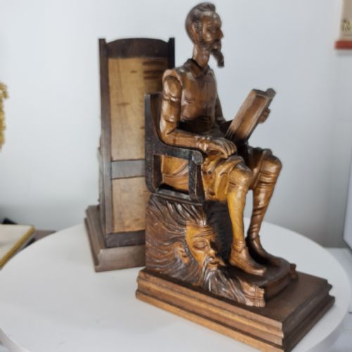 FABULOUS LARGE ANTIQUE CARVED WOODEN BOOKENDS SHAKESPEARE FALSTAFF BARDOLPH C1920 - ADDITIONAL PHOTO 10
