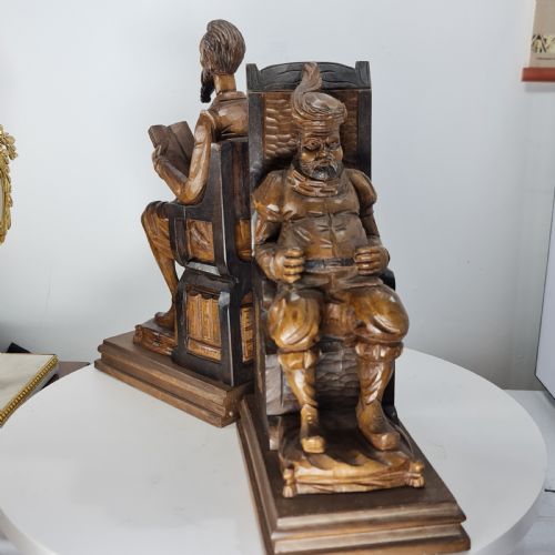 FABULOUS LARGE ANTIQUE CARVED WOODEN BOOKENDS SHAKESPEARE FALSTAFF BARDOLPH C1920 - ADDITIONAL PHOTO 12
