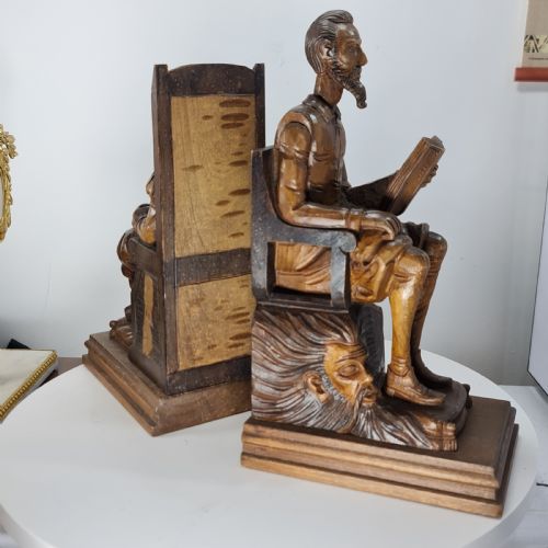 FABULOUS LARGE ANTIQUE CARVED WOODEN BOOKENDS SHAKESPEARE FALSTAFF BARDOLPH C1920 - ADDITIONAL PHOTO 15