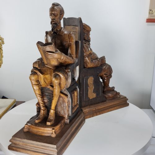 FABULOUS LARGE ANTIQUE CARVED WOODEN BOOKENDS SHAKESPEARE FALSTAFF BARDOLPH C1920 - ADDITIONAL PHOTO 18