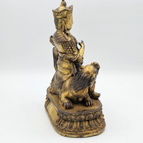ANTIQUE SINO TIBETAN GILT BRONZE DEITY ASTRIDE A KYLIN - ADDITIONAL PHOTO 6