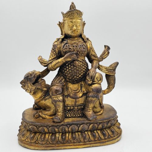 ANTIQUE SINO TIBETAN GILT BRONZE DEITY ASTRIDE A KYLIN - ADDITIONAL PHOTO 7
