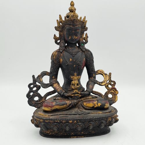 ANTIQUE TIBETAN SINO BRONZE BUDDHA WITH REMNANTS OF GILT COPPER PATINA - ADDITIONAL PHOTO 4