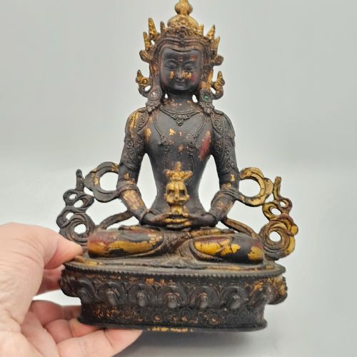 ANTIQUE TIBETAN SINO BRONZE BUDDHA WITH REMNANTS OF GILT COPPER PATINA - ADDITIONAL PHOTO 6