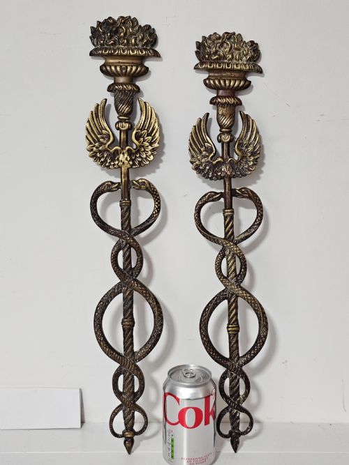 PAIR OF CADUCEUS SYMBOL OF GOD HERMES MERCURY BRONZE BRACKET ENTWINED BY TWO SERPENTS SURMOUNTED BY WINGS - ADDITIONAL PHOTO 1