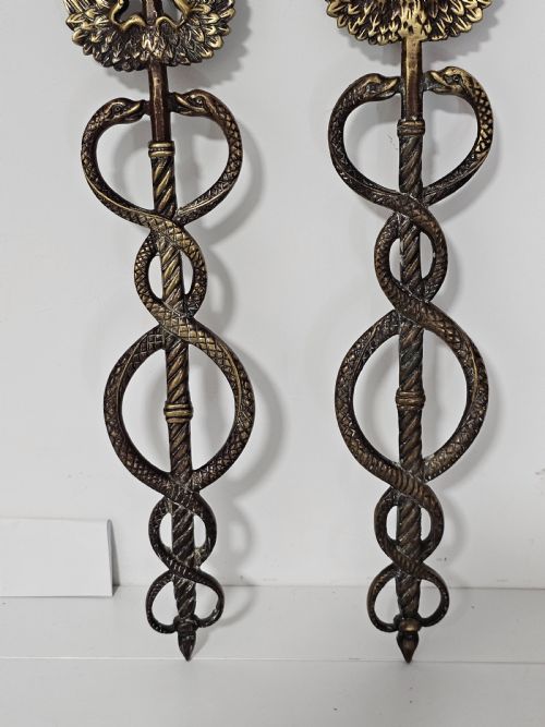 PAIR OF CADUCEUS SYMBOL OF GOD HERMES MERCURY BRONZE BRACKET ENTWINED BY TWO SERPENTS SURMOUNTED BY WINGS - ADDITIONAL PHOTO 10