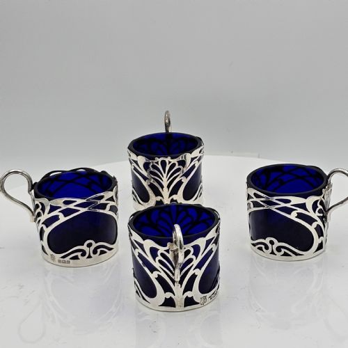 STYLISH SET 4 X ART NOUVEAU SILVER SALTS FORMED AS CUPS C1911 - ADDITIONAL PHOTO 2