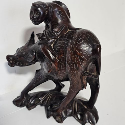 antique chinese wooden handcarved water buffalo statue with silver inlay c1920 - CATEGORY: ANTIQUE SCULPTURES - DATED 1920