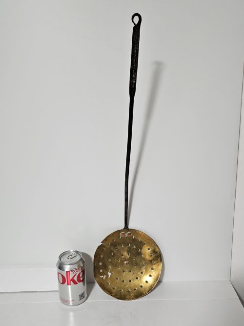 ANTIQUE CHESTNUT WARMER 62CM ENGLISH BRASS FIREPLACE ROASTER LADLE GEORGIAN - ADDITIONAL PHOTO 1