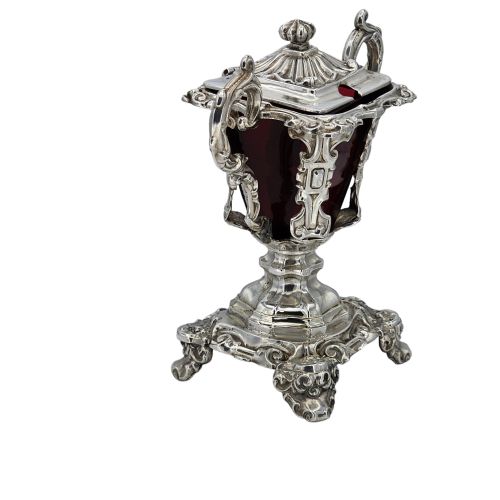 attractive 19thc large european silver ruby red glass mustard 145cm - CATEGORY: ANTIQUE SILVER - DATED 19TH CENTURY