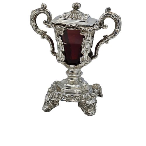 ATTRACTIVE 19THC LARGE EUROPEAN SILVER RUBY RED GLASS MUSTARD 145CM - ADDITIONAL PHOTO 4