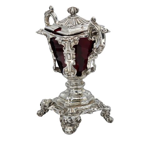 ATTRACTIVE 19THC LARGE EUROPEAN SILVER RUBY RED GLASS MUSTARD 145CM - ADDITIONAL PHOTO 10