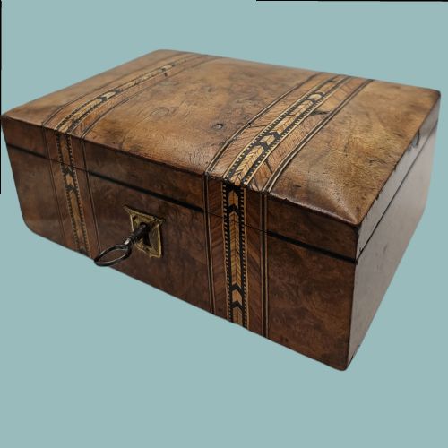 beautiful inlaid burr walnut jewellery box with key c1900 - CATEGORY: ANTIQUE BOXES - DATED 1900