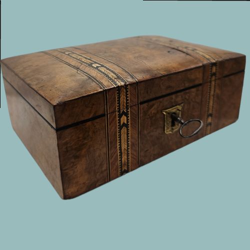 BEAUTIFUL INLAID BURR WALNUT JEWELLERY BOX WITH KEY C1900 - ADDITIONAL PHOTO 1