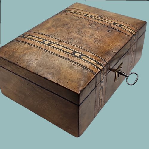 BEAUTIFUL INLAID BURR WALNUT JEWELLERY BOX WITH KEY C1900 - ADDITIONAL PHOTO 4