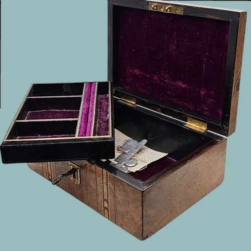 BEAUTIFUL INLAID BURR WALNUT JEWELLERY BOX WITH KEY C1900 - ADDITIONAL PHOTO 8
