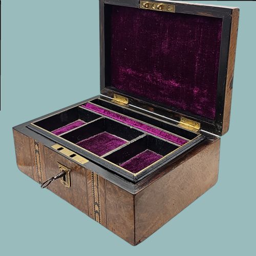 BEAUTIFUL INLAID BURR WALNUT JEWELLERY BOX WITH KEY C1900 - ADDITIONAL PHOTO 10