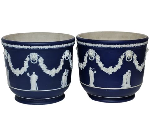 Pair of Large Wedgwood Dark Blue Dip Jasper Ware Jardiniere Cache Pots C1890