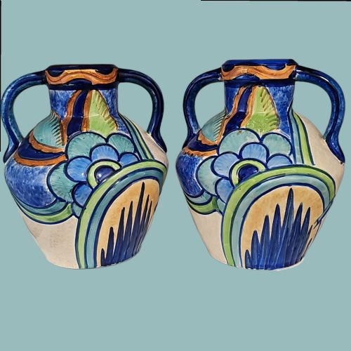 pair of thomas forester vase amphora t f s seville phoenix unusual colourway art deco - CATEGORY: ANTIQUE VASES - DATED 1920