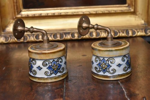 EXCEPTIONALLY RARE LARGE PAIR OF DOULTON WALL MOUNTED CANDLE SCONCES FLORRIE JONES C1910 - ADDITIONAL PHOTO 5