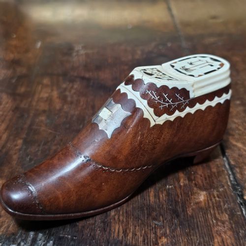 exquisite rare dated very large 19thc inlaid treen novelty snufftobacco box formed as a shoe - CATEGORY: ANTIQUE BOXES - DATED 19TH CENTURY