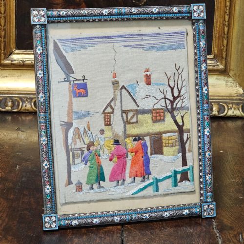 fabulous large 19thc russian silver enamel frame with embroidered scene possibly ivan gubkin silversmith - CATEGORY: ANTIQUE SILVER - DATED 19TH CENTURY