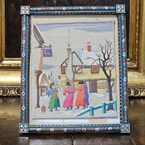 FABULOUS LARGE 19THC RUSSIAN SILVER ENAMEL FRAME WITH EMBROIDERED SCENE POSSIBLY IVAN GUBKIN SILVERSMITH - ADDITIONAL PHOTO 1