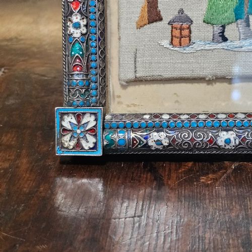 FABULOUS LARGE 19THC RUSSIAN SILVER ENAMEL FRAME WITH EMBROIDERED SCENE POSSIBLY IVAN GUBKIN SILVERSMITH - ADDITIONAL PHOTO 2