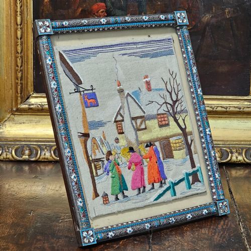 FABULOUS LARGE 19THC RUSSIAN SILVER ENAMEL FRAME WITH EMBROIDERED SCENE POSSIBLY IVAN GUBKIN SILVERSMITH - ADDITIONAL PHOTO 6