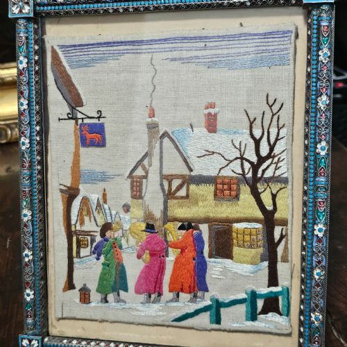 FABULOUS LARGE 19THC RUSSIAN SILVER ENAMEL FRAME WITH EMBROIDERED SCENE POSSIBLY IVAN GUBKIN SILVERSMITH - ADDITIONAL PHOTO 13