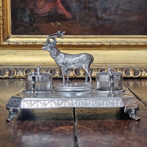 superb james deakin silver plated stag inkstand and inkwells c1900 - CATEGORY: ANTIQUE MISCELLANEOUS - DATED 1900
