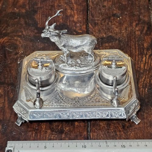 SUPERB JAMES DEAKIN SILVER PLATED STAG INKSTAND AND INKWELLS C1900 - ADDITIONAL PHOTO 7