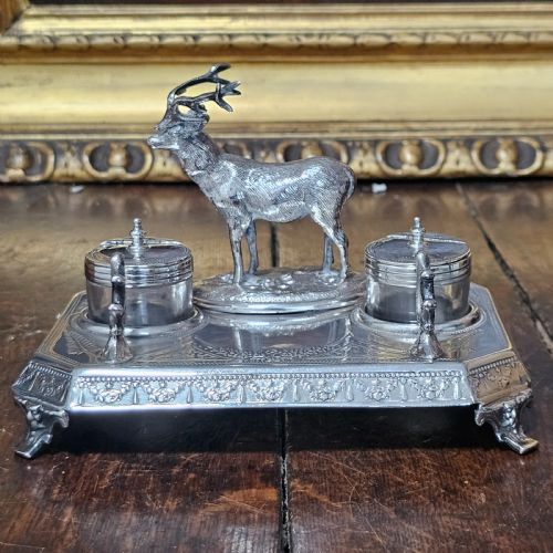 SUPERB JAMES DEAKIN SILVER PLATED STAG INKSTAND AND INKWELLS C1900 - ADDITIONAL PHOTO 8