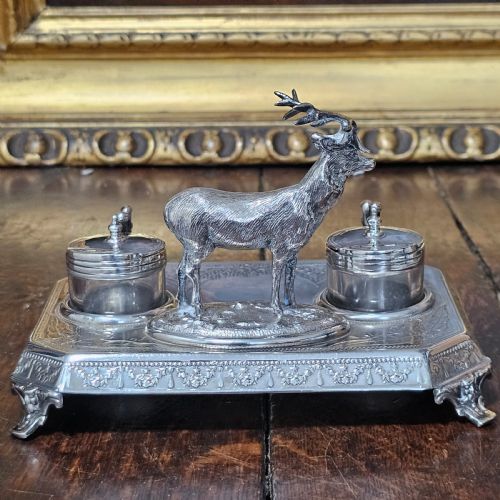 SUPERB JAMES DEAKIN SILVER PLATED STAG INKSTAND AND INKWELLS C1900 - ADDITIONAL PHOTO 11