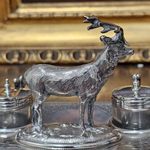 SUPERB JAMES DEAKIN SILVER PLATED STAG INKSTAND AND INKWELLS C1900 - ADDITIONAL PHOTO 12