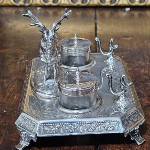 SUPERB JAMES DEAKIN SILVER PLATED STAG INKSTAND AND INKWELLS C1900 - ADDITIONAL PHOTO 13