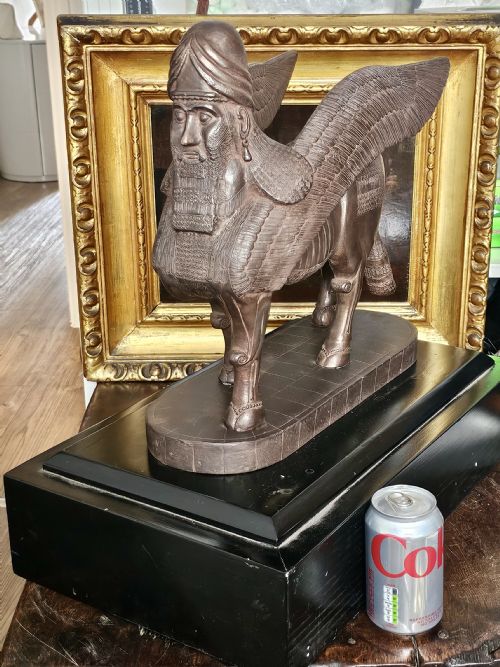 VERY LARGE RARE ANTIQUE BRONZED METAL HUMANHEADED WINGED LION LAMASSU ASSYRIAN C1900 - ADDITIONAL PHOTO 1