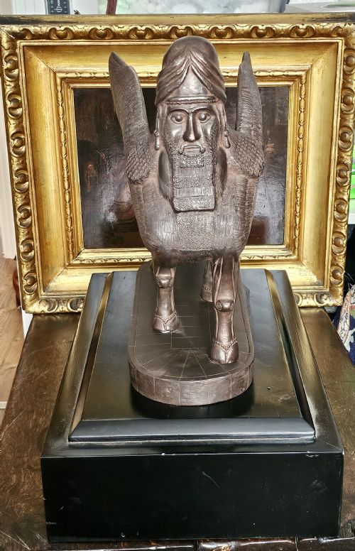 VERY LARGE RARE ANTIQUE BRONZED METAL HUMANHEADED WINGED LION LAMASSU ASSYRIAN C1900 - ADDITIONAL PHOTO 3